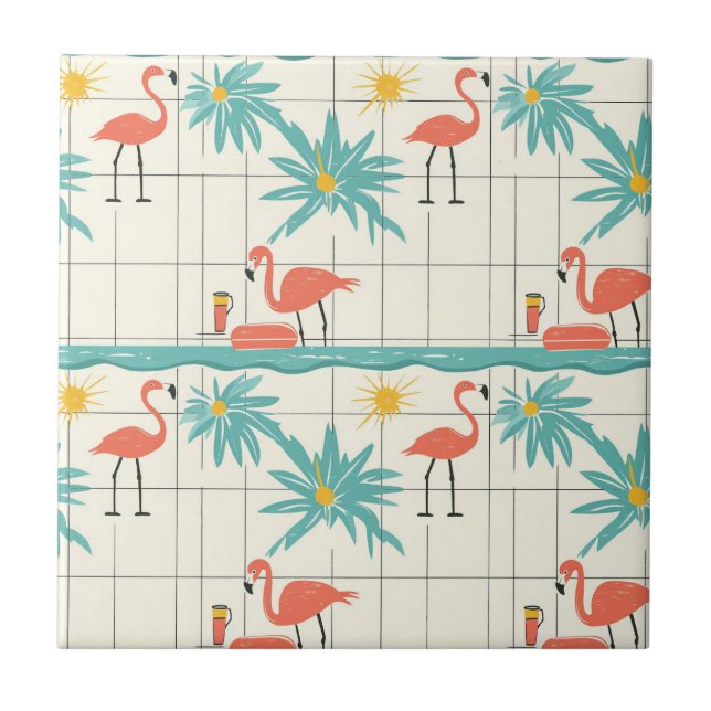 Retro Flamingo Poolside Summer Pattern (4) Fliese (Vorderseite)