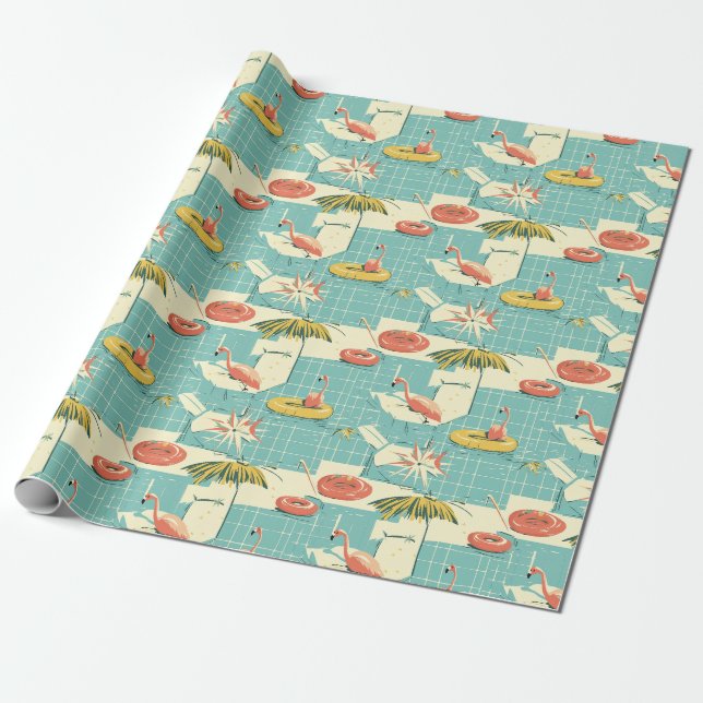Retro Flamingo Poolside Summer Pattern (4) Geschenkpapier (Ungerollt)