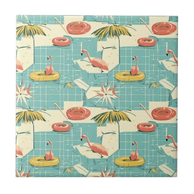 Retro Flamingo Poolside Summer Pattern (7) Fliese (Vorderseite)