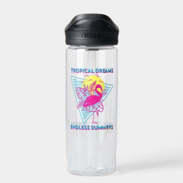 Retro Flamingo Sonnenuntergang Synthwave Vibes Trinkflasche (Rückseite)