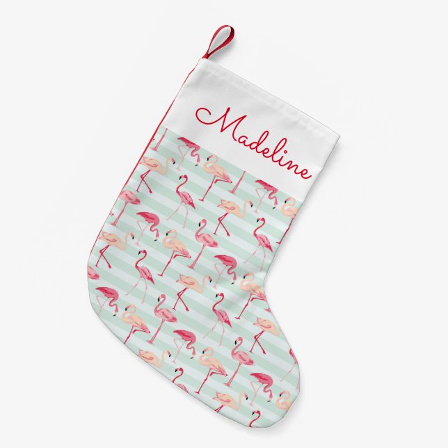 Retro Flamingos auf Minzen-Streifen | addieren Kleiner Weihnachtsstrumpf (Vorderansicht (hängend))