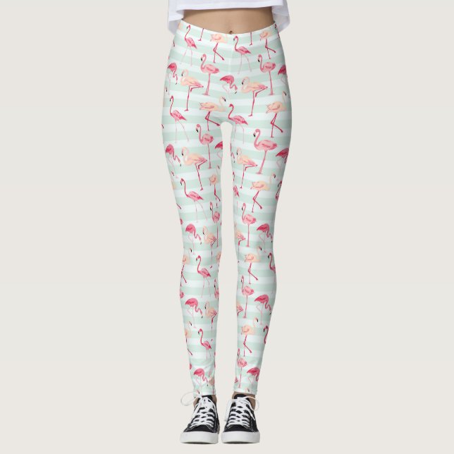 Retro Flamingos auf Minzstreifen Leggings (Vorderseite)