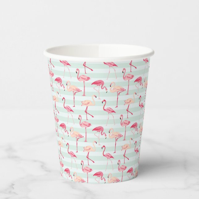 Retro Flamingos auf Minzstreifen Pappbecher (Links)