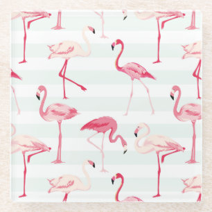 Retro Flamingos auf tadellosen Streifen Glasuntersetzer