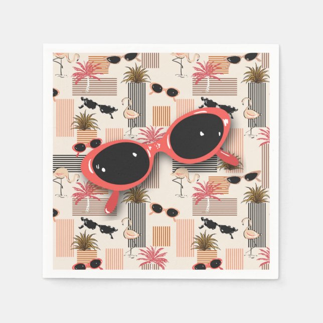 Retro Flamingos Palms und Rote Sonnenbrille Serviette (Vorderseite)