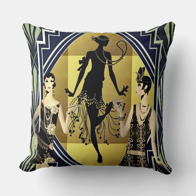 Retro Flapper Tänzer Black Gold Kissen (Vorderseite)