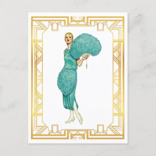 Retro-Flapper Türkis Federkleid Vintage Kunst Postkarte