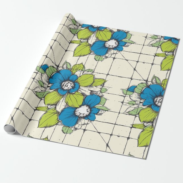 Retro-Fliesen-Blumen-Wrap-Papier Geschenkpapier (Ungerollt)