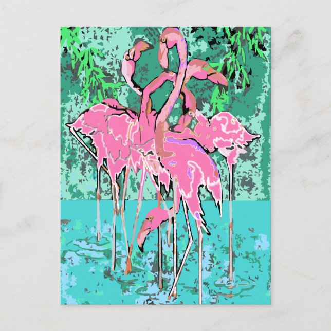 Retro Flock von Flamingo Birds Postcard Flamingos Postkarte (Vorderseite)