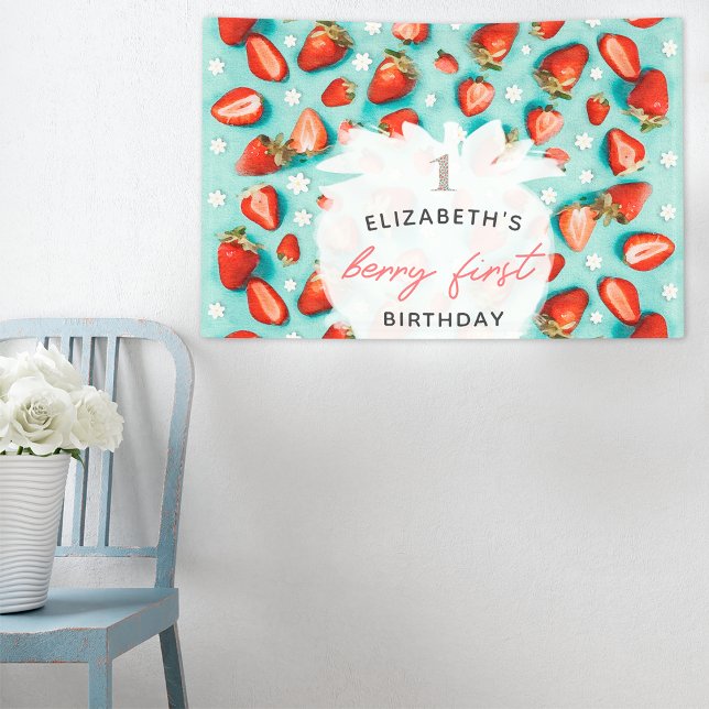 Retro Floral Berry First Strawberry Birthday Banner (Von Creator hochgeladen)