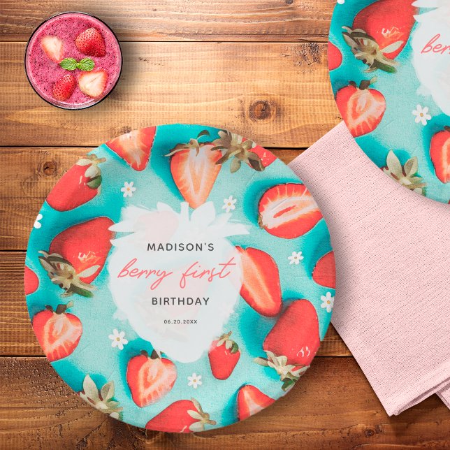 Retro Floral Berry First Strawberry Birthday Pappteller (Von Creator hochgeladen)