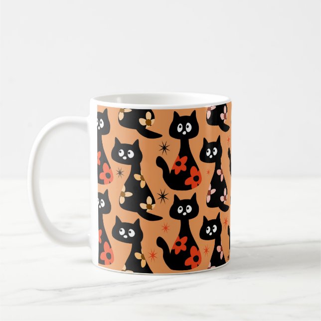 Retro Floral Black Cats (Orange) Kaffeetasse (Links)
