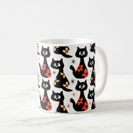 Retro Floral Black Cats (weiß) Kaffeetasse