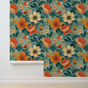 Retro Floral Bohemisch Orange Minze Green Tapete
