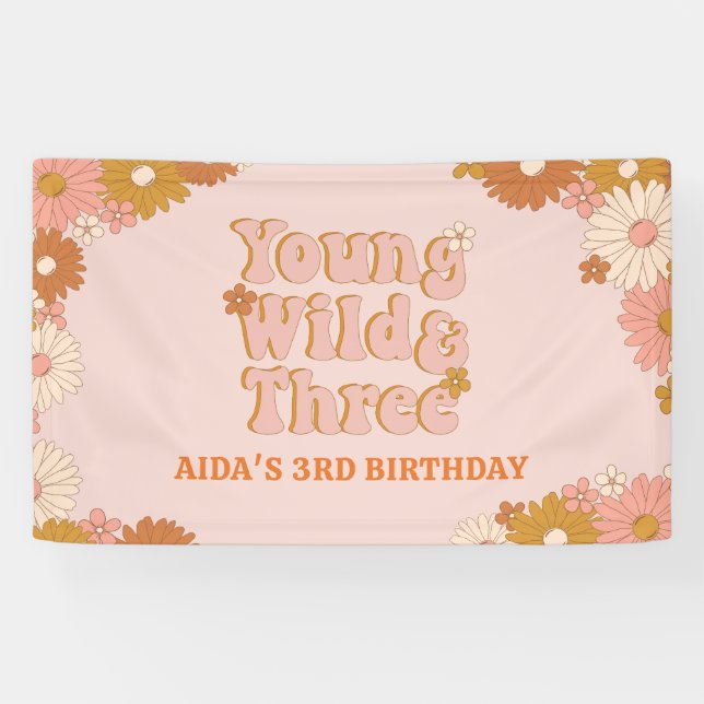 Retro Floral Boho 3. Geburtstag Hintergrund Banner (Horizontal)