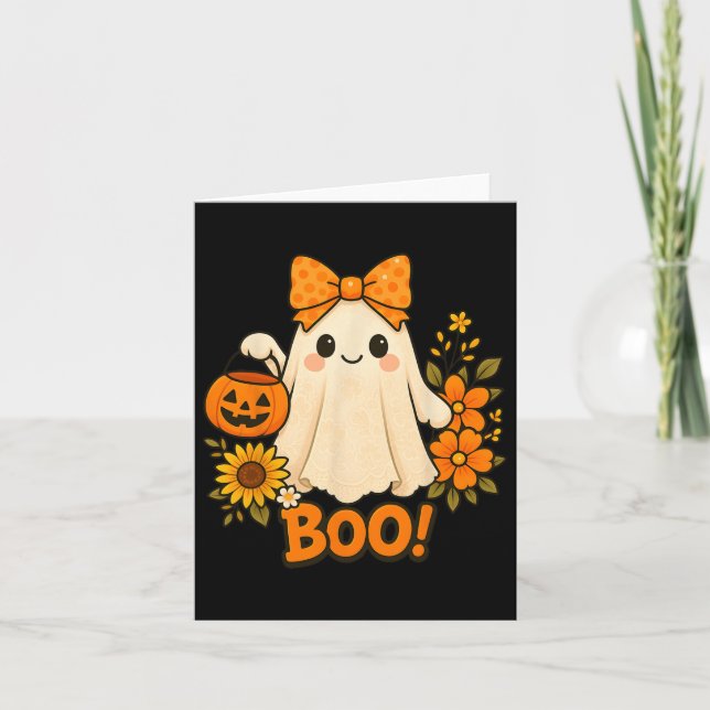 Retro Floral Boo Ghost Pumpkin Bow Halloween Fraue Karte (Vorderseite)