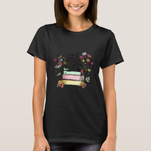 Retro Floral Book and Cat Bookworm Cat T-Shirt
