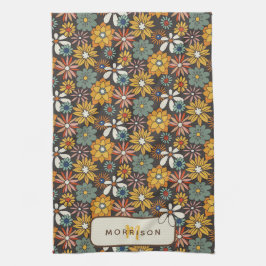 Retro Floral Brown Gold Aquamarin Personalisiert Geschirrtuch