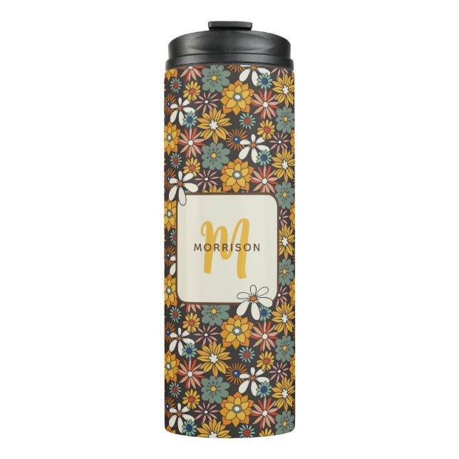 Retro Floral Brown Gold Aquamarin Personalisiert Thermosbecher (Vorderseite)
