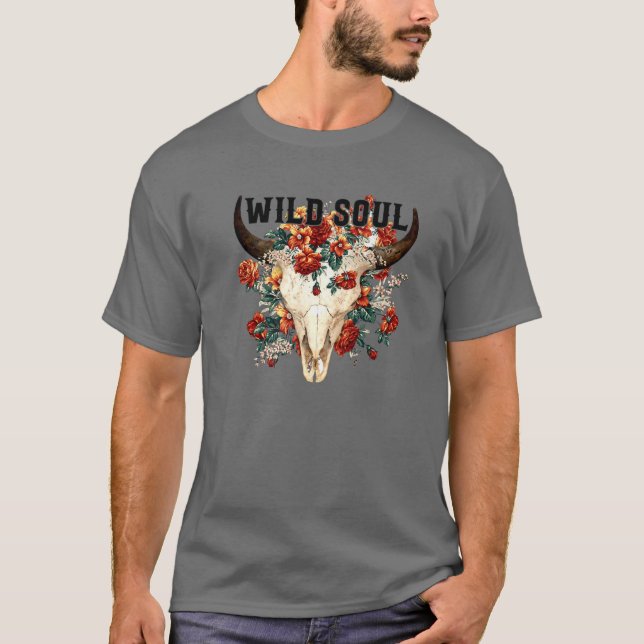 Retro Floral Bull Skull Wild Soul Hippie Western C T-Shirt (Vorderseite)