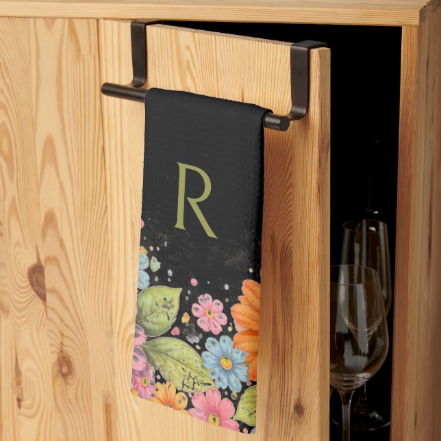 Retro Floral Colorful Monogram Black Geschirrtuch (Drittel gefaltet)