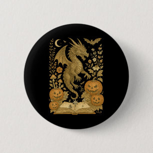 Retro Floral Dragon Buch Pumpkin Spooky Lesen Ha Button