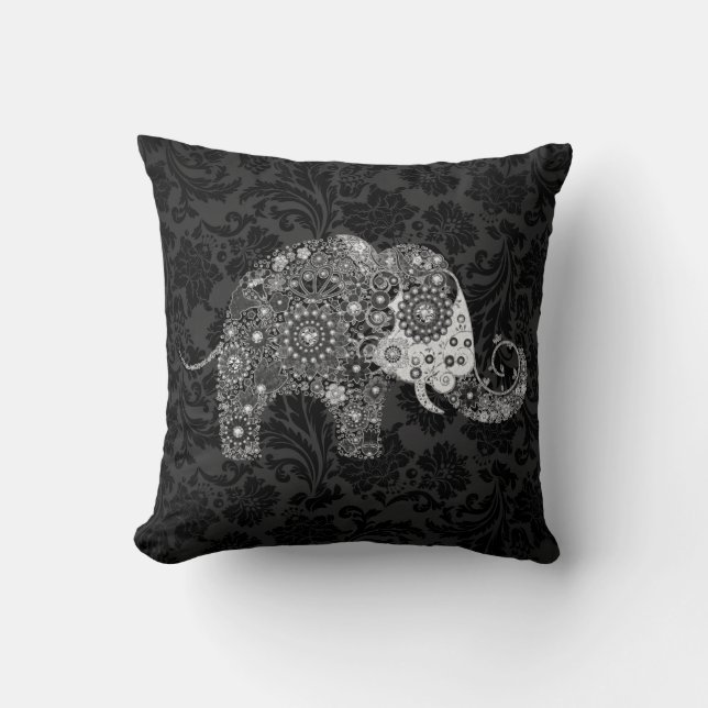 Retro Floral Elephant Schwarz & Grau Tones Kissen (Vorderseite)