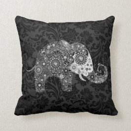 Retro Floral Elephant Schwarz & Grau Tones Kissen