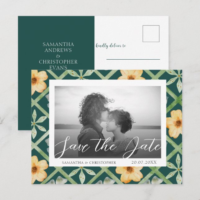 Retro Floral Emerald Foto Save the Date Hochzeit Postkarte (Vorne/Hinten)