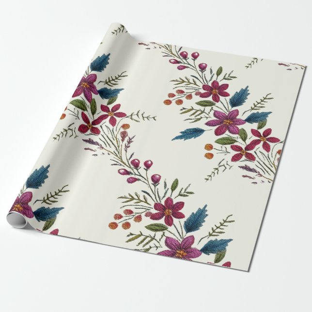 Retro Floral Folk Christmas Geschenkpapier (Ungerollt)