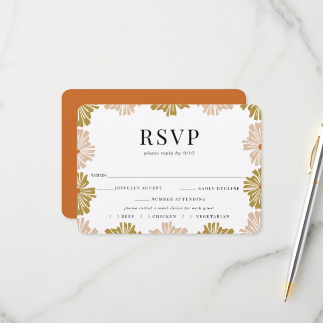 Retro Floral Frame Wedding RSVP Meal Choice (Vorderseite/Rückseite Beispiel)