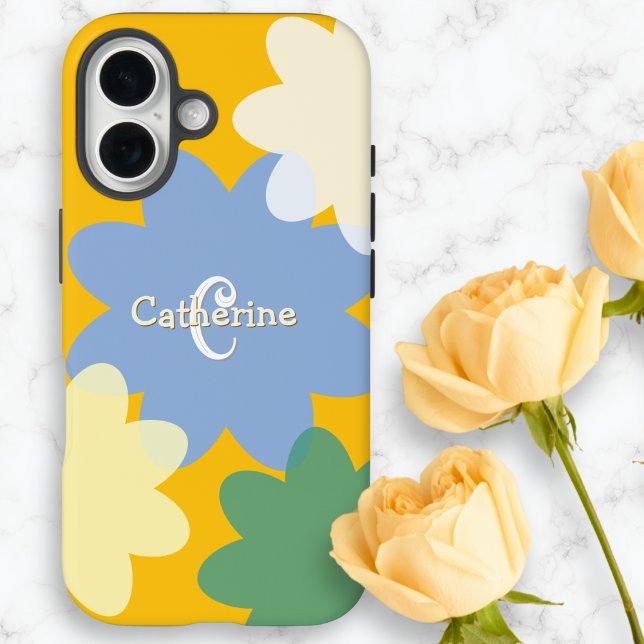 Retro Floral Gelber Frühling Groovy Mit Monogramm Case-Mate iPhone Hülle (A pretty phone case in sunshine yellow with overlapping boho flower shapes and custom monogram)