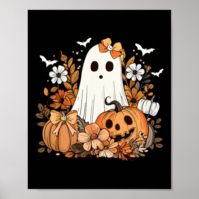 Retro Floral Ghost Niedlich Pumpkin HerbstHallowee Poster (Vorne)