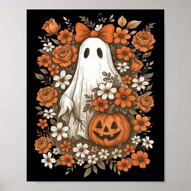 Retro Floral Ghost Niedlich Pumpkin HerbstHallowee Poster (Vorne)
