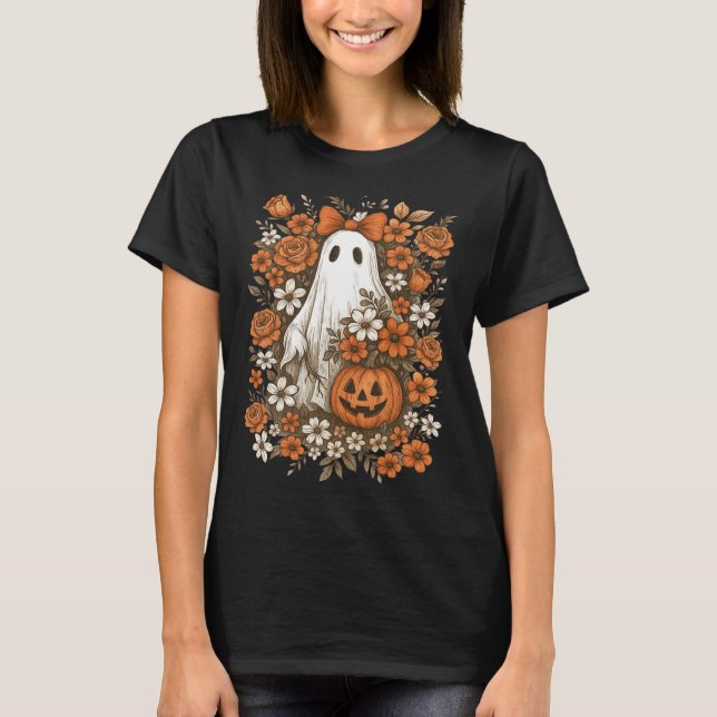 Retro Floral Ghost Niedlich Pumpkin HerbstHallowee T-Shirt (Vorderseite)