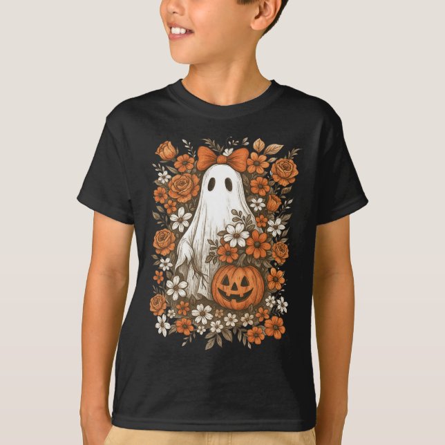 Retro Floral Ghost Niedlich Pumpkin HerbstHallowee T-Shirt (Vorderseite)