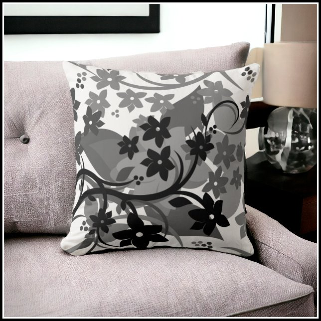 [Retro Floral] Graues botanisches Grafikdesign Kissen (Choose from 8 Different Color Variations)