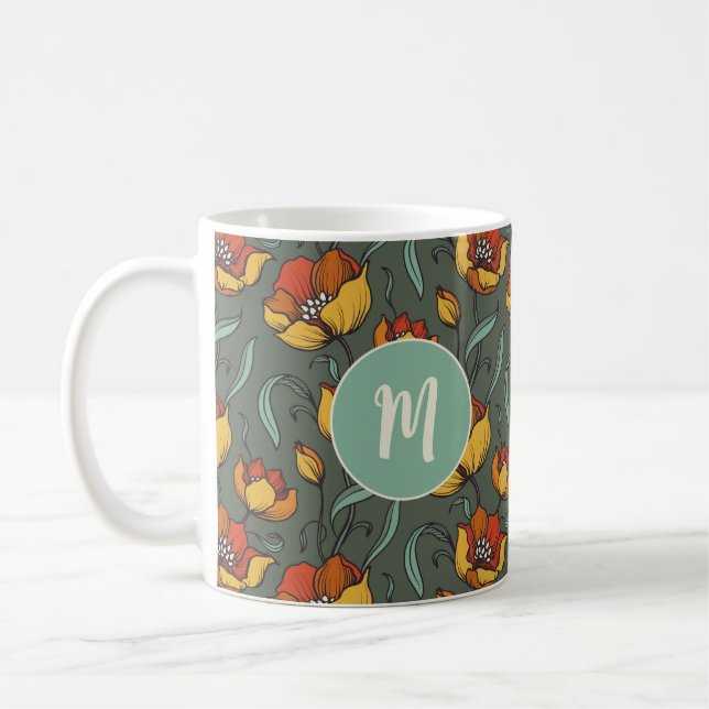 Retro Floral Green Gold Orange Monogramm Kaffeetasse (Links)