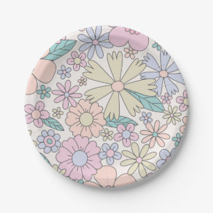 Retro Floral groovy Birthday Pappteller