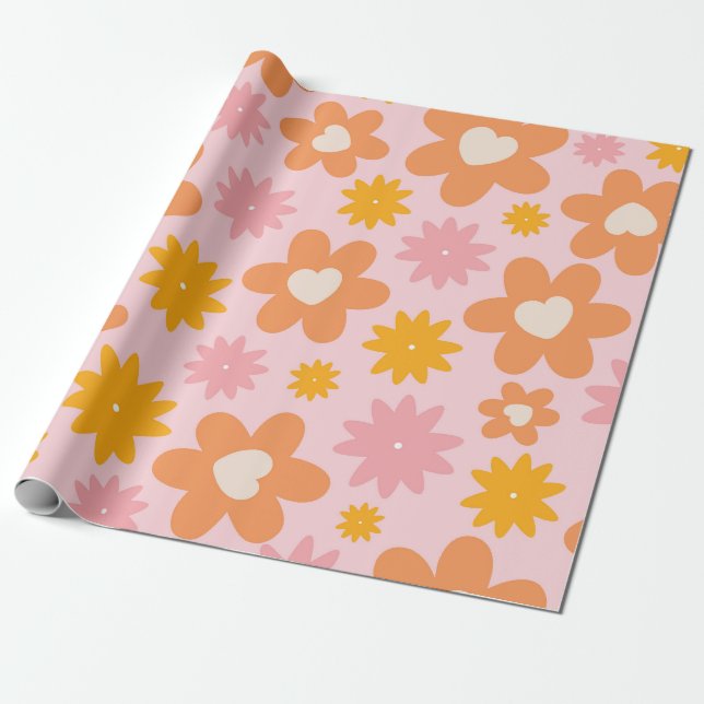 Retro Floral Herzmuster Geschenkpapier (Ungerollt)
