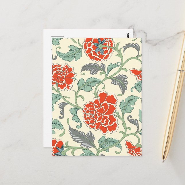 Retro floral japanischer Stil Red Ivory Green Postkarte (Vorderseite/Rückseite Beispiel)