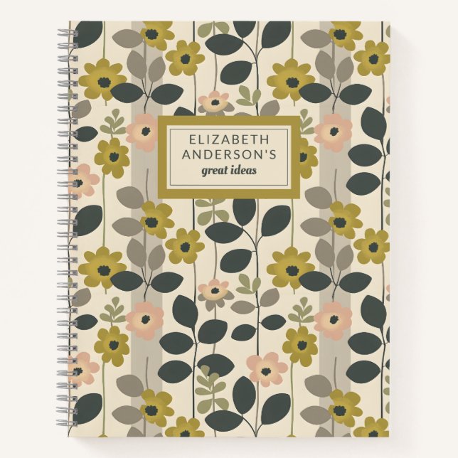 Retro Floral Leaf Muster Monogramm Notizbuch (Vorderseite)
