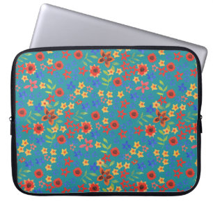 Retro-Floral Miniprint auf Aquamarinem Laptop-Sieb Laptopschutzhülle