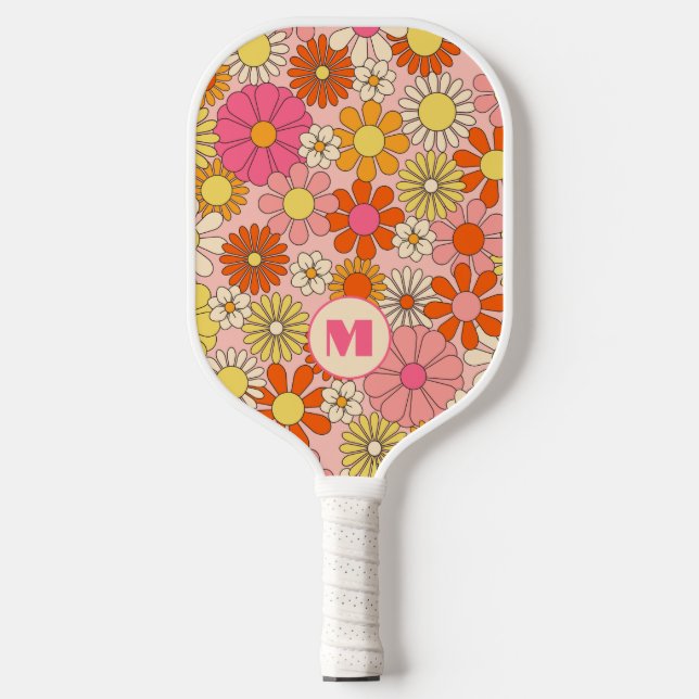 Retro Floral Monogram girly Pickleball Paddle  (Vorderseite)