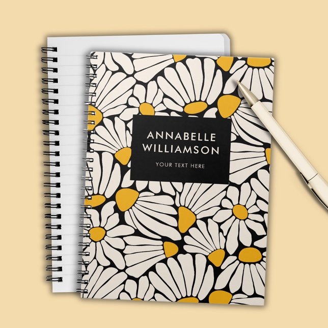 Retro Floral Mustard Yellow Black Notizblock (Retro floral daisy dream notebook)