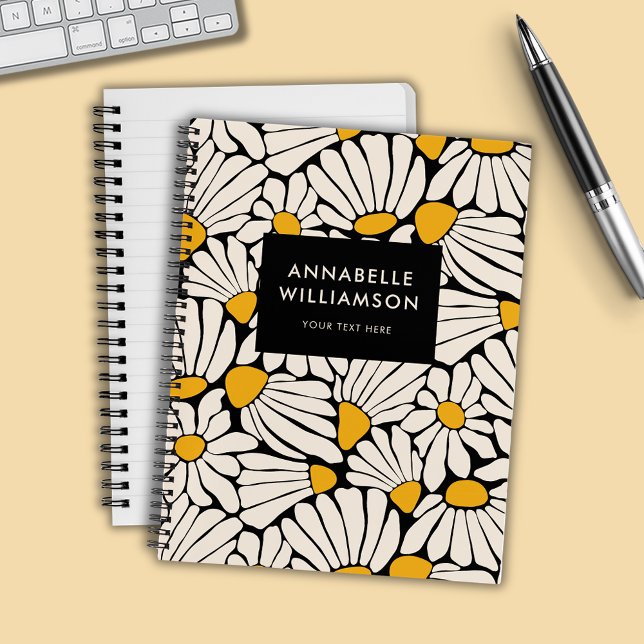 Retro Floral Mustard Yellow Black Notizbuch (Retro floral daisy dream notebook)