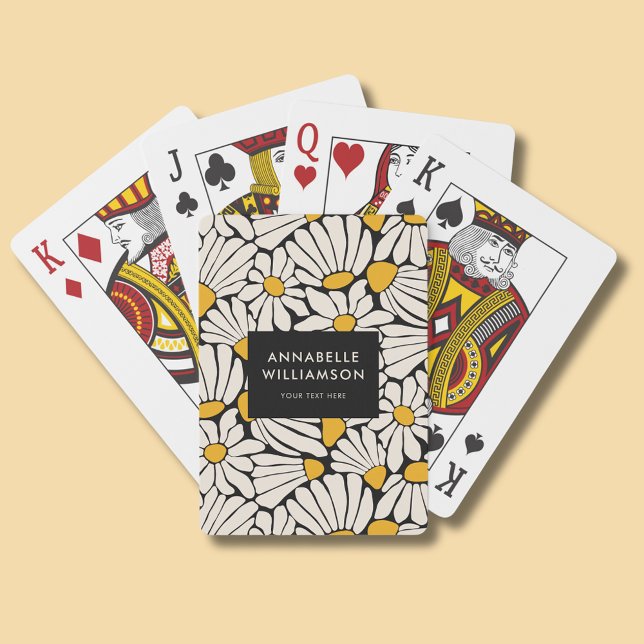 Retro Floral Mustard Yellow Black Spielkarten (Retro floral playing cards in yellow/cream boho floral on black. Personalize with your own name/text)