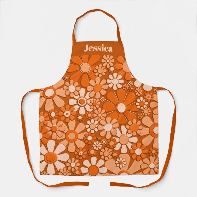 Retro Floral Muster Burnt Orange Personalisiert Schürze (Vorderseite)
