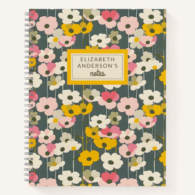 Retro Floral Muster Monogramm Notizbuch (Vorderseite)