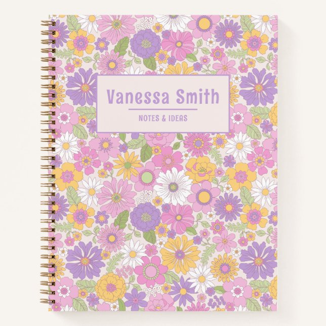 Retro Floral Muster Personalisiert SpiralNotebook Notizbuch (Vorderseite)
